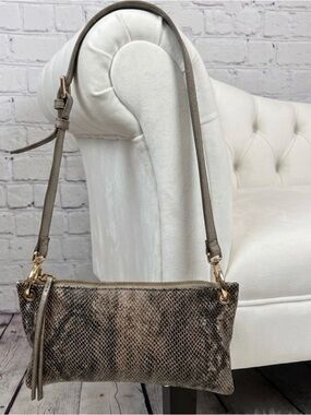 Taupe Snake-Textured Crossbody Bag with Gold Hardware